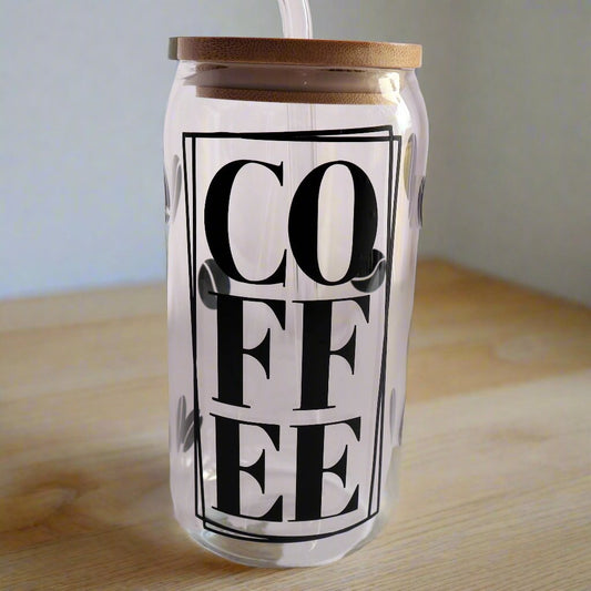 COFFEE 16 oz Glass Tumbler With Bamboo Lid and Straw