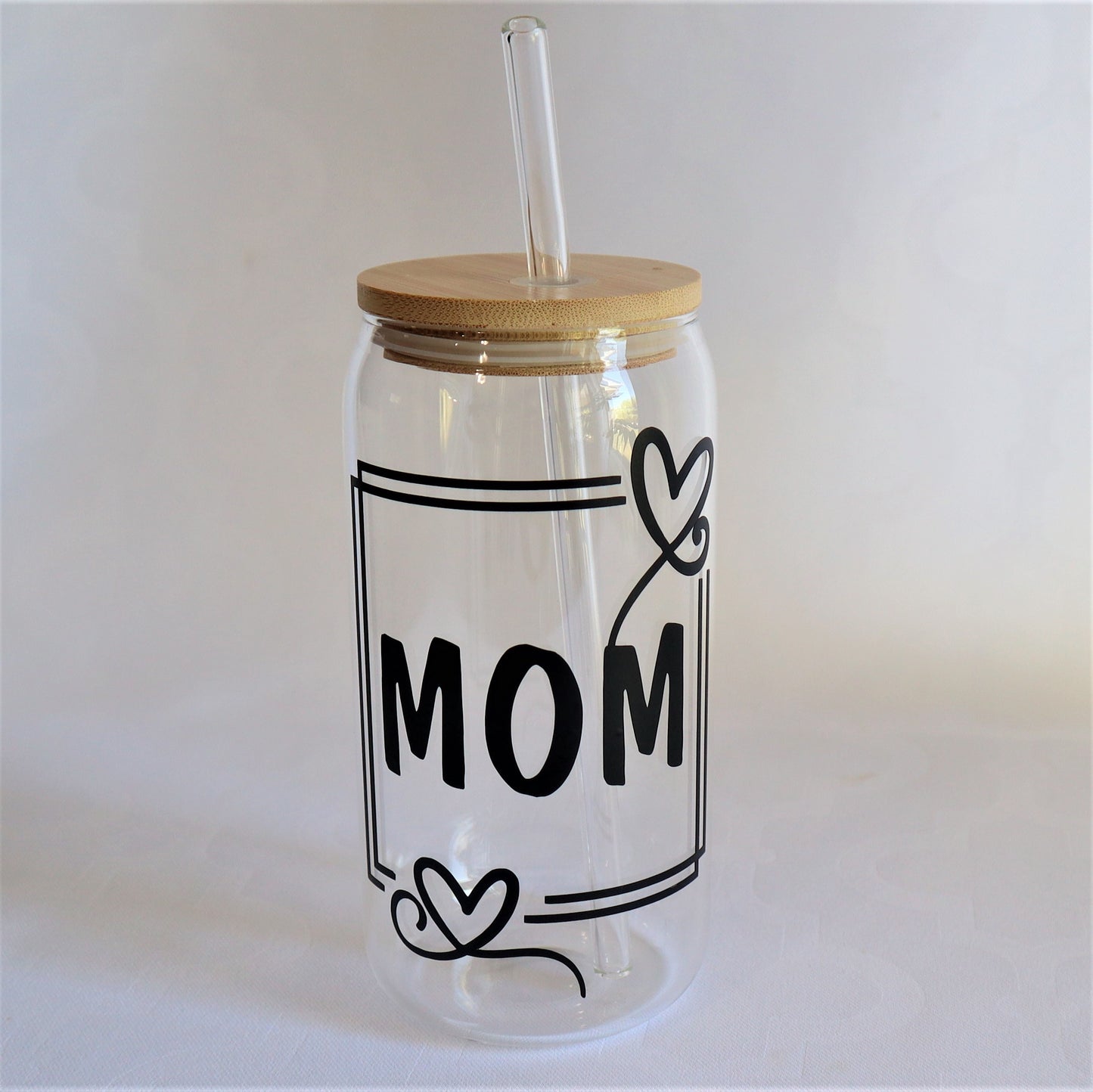 MOM Glass Iced Coffee Tumbler, Mothers Day Gift Idea, Glass Tumbler with Bamboo Lid