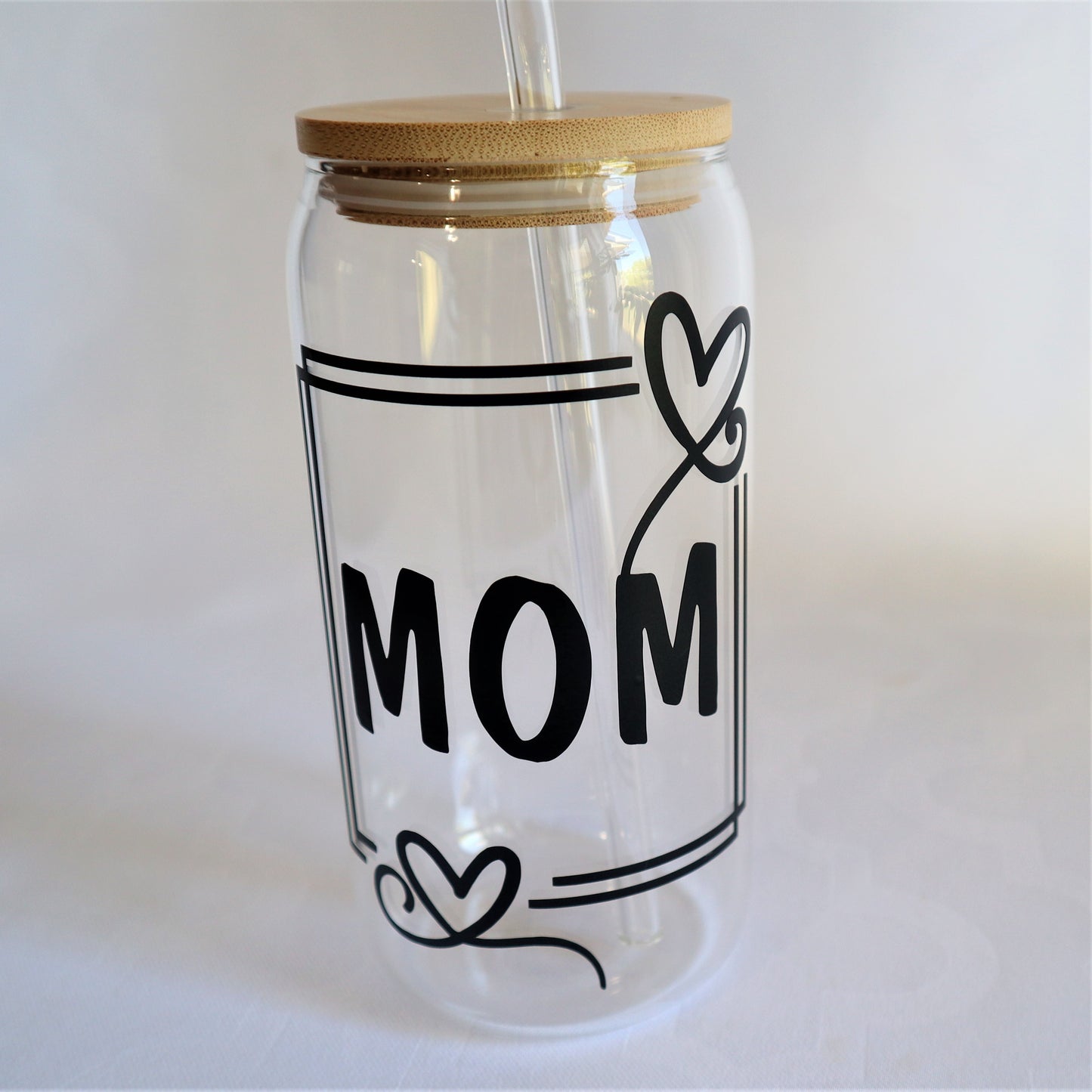 MOM Glass Iced Coffee Tumbler, Mothers Day Gift Idea, Glass Tumbler with Bamboo Lid