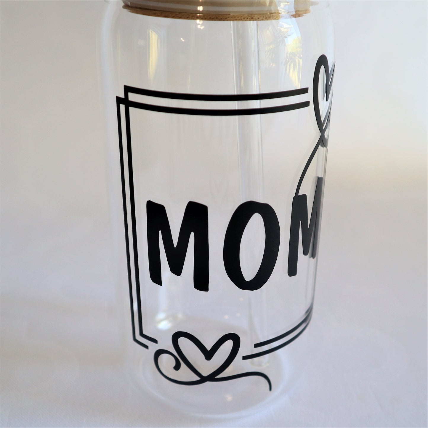 MOM Glass Iced Coffee Tumbler, Mothers Day Gift Idea, Glass Tumbler with Bamboo Lid