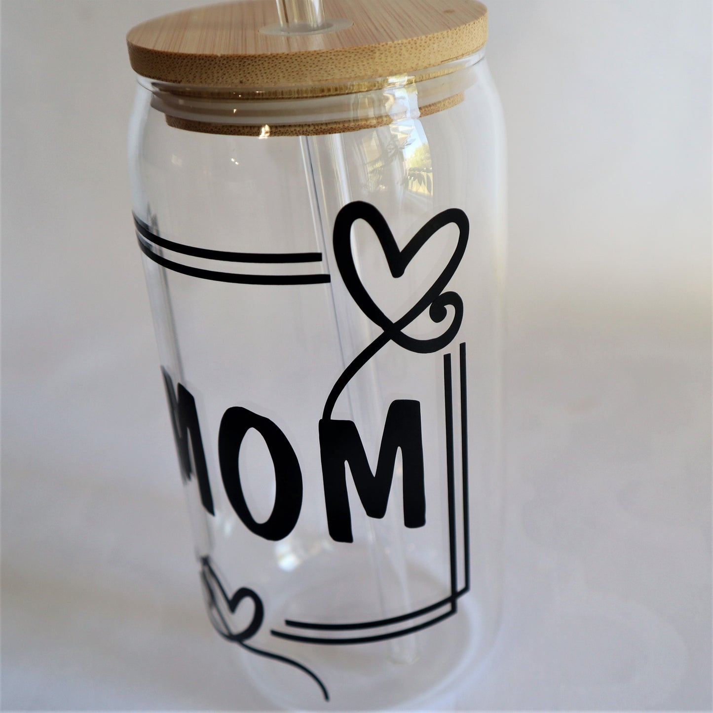 MOM Glass Iced Coffee Tumbler, Mothers Day Gift Idea, Glass Tumbler with Bamboo Lid