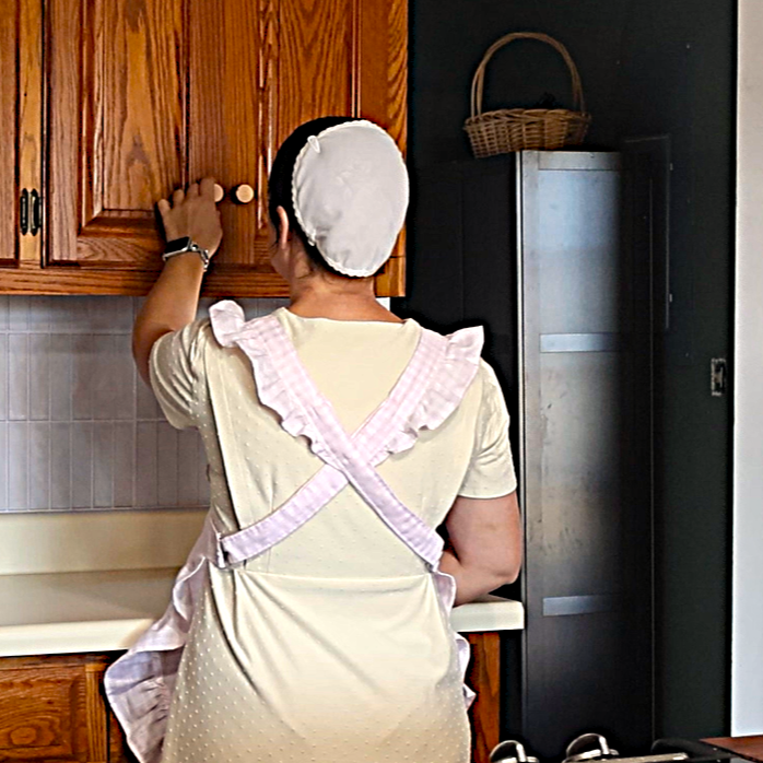 The Willow Ruffle Cross-Back Apron | Adjustable Linen Apron | Feminine Blush Checkered Cottage Apron