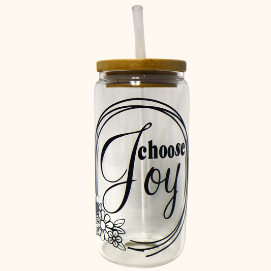 16 oz Glass Tumbler Choose Joy Inspiration with Bamboo Lid and Glass Straw