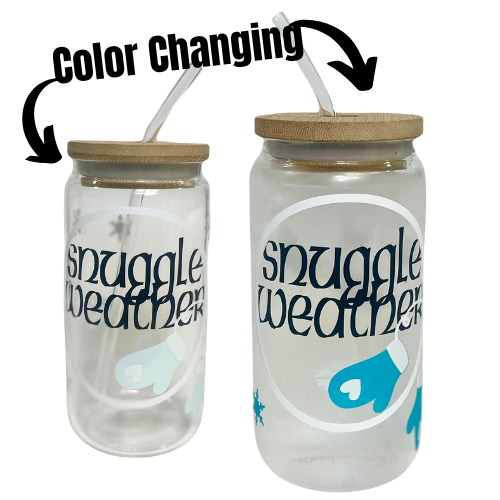 Color Changing Snuggle Weather 16 oz Glass Tumbler with Bamboo Lid and Glass Straw, Christmas Tumbler For Gifts